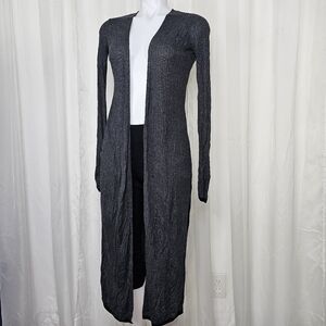 Express Long Gray Open Front Cardigan Fine Light Knit Black Trim Size Small
